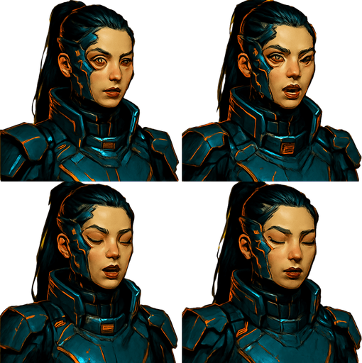 Cyberpunk high commander women looking to the camera with eyes by side, the half upper part of it only not all body, different frames, Opened eyes closed mouth, Opened eyes opened mouth, talking closed eyes opened mouth, Closed eyes closed mouth, each frame in one image. background yellow. paint it professionally with all details.
In-Game asset.  2d.  High contrast.  No shadows
