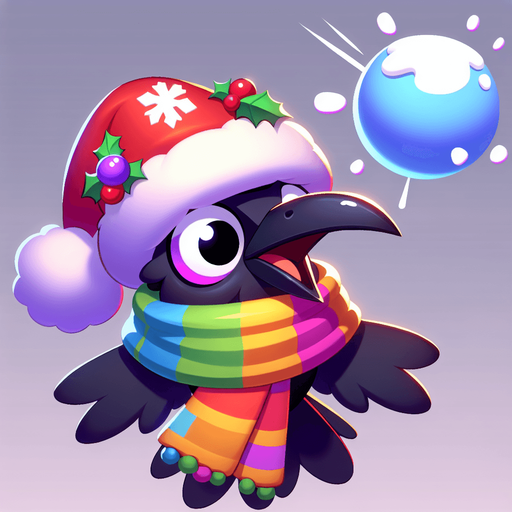 raven with christmas hat and colorful scarf got hit by a snowball in the air, he is shocked, cartoon Single Game Texture. In-Game asset. 2d. Blank background. High contrast. No shadows.
