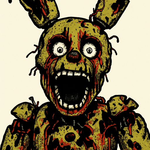 kanlı ve solmuş bir animatronik springtrap bağırıyor.
In-Game asset.  High contrast.  No shadows