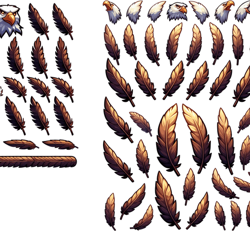 A sprite sheet of eagle feathers.
Single Game Texture. In-Game asset. 2d. Blank background. High contrast. No shadows.