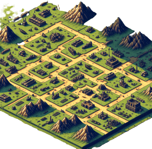 Make a birds eye view of an abandoned ancient battlefield in an 8bit style that would make a good background for a mobile game that would fill the entire screen with no walls.
Single Game Texture. In-Game asset. 2d. Blank background. High contrast. No shadows.