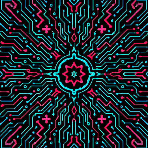 Cyberpunk style kaleidoscope pattern design for homepage.
In-Game asset.  2d.  High contrast.  No shadows
