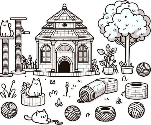 Cat heaven with no cats in picture. Line art. Pastel colors.
Single Game Texture. In-Game asset. 2d. Blank background. High contrast. No shadows.