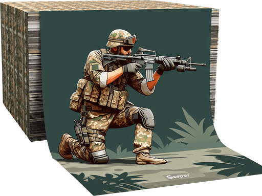 jungle soldier stand shoot the target right direction.
Single Game Texture.  In-Game asset.  2d.  Blank background.  High contrast.  No shadows