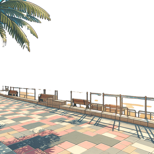 A beautiful scenery looking out to sea from an empty beach side promenade on a bright summer day. Happy game illustration style for a casual family friendly game..
Single Game Texture. In-Game asset. 2d. Blank background. High contrast. No shadows.