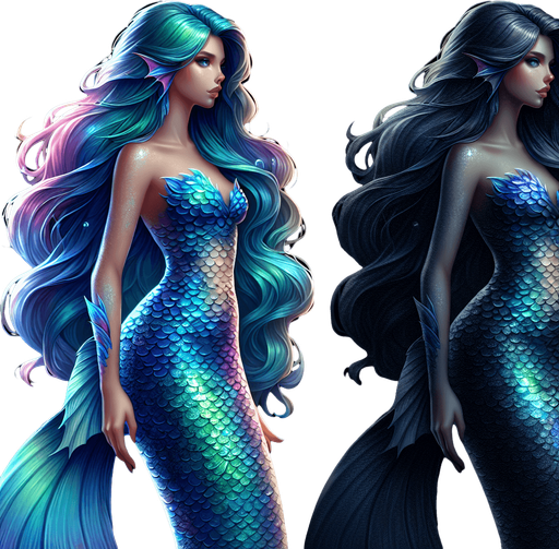 A beautiful blue and turquoise mermaid.
Single Game Texture. In-Game asset. 2d. Blank background. High contrast. No shadows.