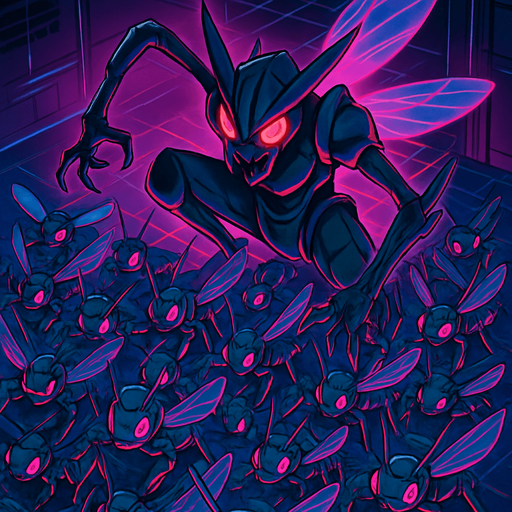 Neon cyberpunk horror anime top down isometric Lokix Nymble robot locusts swarming