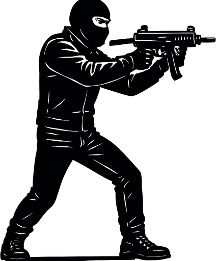 un motociclista vestido de negro apuntando con una smg de cuerpo completo con perspectiva lateral 
In-Game asset.  2d.  High contrast.  No shadows sin casco y sin moto