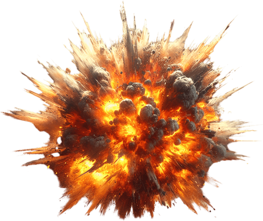 An explosion
Single Game Texture. In-Game asset. 2d. Blank background. High contrast. No shadows.