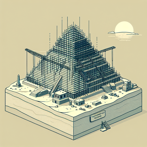 An animated image of an unfinished pyramid, with a label 'The building of the Pyramids of Giza.
Single Game Texture. In-Game asset. 2d. Blank background. High contrast. No shadows.