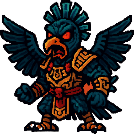 Genérame una Paujil guerrero azteca con eso patrones, estilo pixelar, con una apariencia maligna, ojos rojos, rabioso. Unidad aerea con alas. Animal.
In-Game asset.  2d.  High contrast.  No shadows