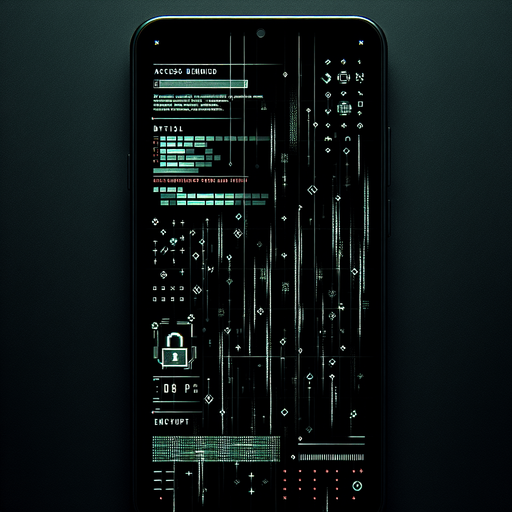 Create a minimalistic hacked mobile phone background with a solid black base. Add subtle glitch effects like faint pixel distortions and soft horizontal lines. Incorporate low-opacity green Matrix-style symbols cascading or scattered sparsely in the background. Include fragmented text elements like "Access Denied" or "Encrypted" in a modern, faint font. Use small red accents to emphasize the seriousness of the hack while maintaining ample negative space. Ensure all elements are subtle to avoid overshadowing foreground app icons..
Single Game Texture. In-Game asset. 2d. Blank background. High contrast. No shadows.