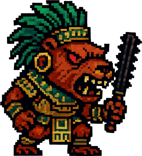 Genérame una Capibara guerrero azteca con eso patrones, estilo pixelar, con una apariencia maligna, ojos rojos, rabioso. Unidad cuerpo a cuerpo. Animal.
In-Game asset.  2d.  High contrast.  No shadows