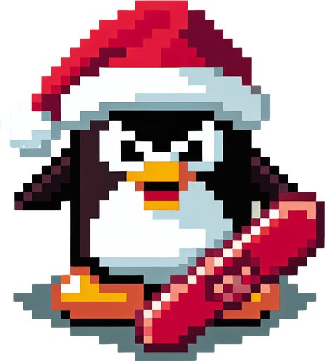 angry penguin snowboarder wearing a red santa hat. top-view. gta 2. seen from above. Single Game Texture. In-Game asset. 2d. Blank background. High contrast. No shadows. pixelated. 8 bit