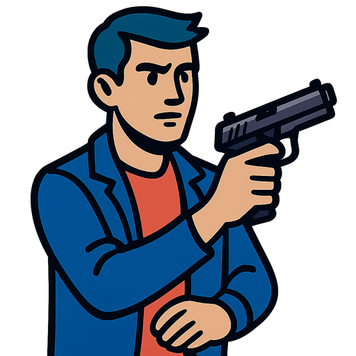 A guy with a gun.
In-Game asset.  2d.  High contrast.  No shadows
