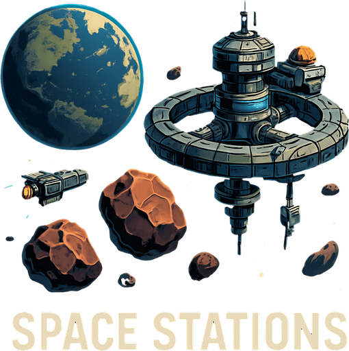 Uzay temalı global Cevher ticareti, uzay istasyonu, gerçekçi, Altında "Space Stations" yazsın.
In-Game asset.  High contrast.  No shadows