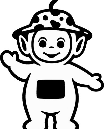 Un teletubie blanco con un sombrero blanco con manchas negras.
In-Game asset.  2d.  High contrast.  No shadows
