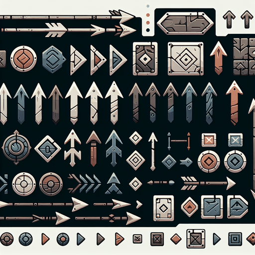 A spritesheet containing various interface elements for a viking themed game, including arrows in various colors pointing up. all in muted colors..
Single Game Texture. In-Game asset. 2d. Blank background. High contrast. No shadows.