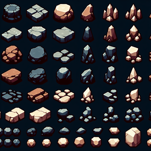 Create a sprite sheet with images of various rocks.  The design should be exclusively top views. Arrange the components on a dark background, neatly aligning each part in rows and columns for easy identification and use in game development..
Single Game Texture. In-Game asset. 2d. Blank background. High contrast. No shadows.