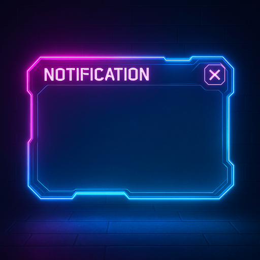 neon cyberpunk glowing empty notification text window overlay blue pink futuristic videogame 3d hologram