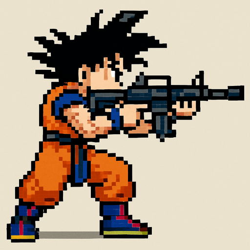 goku de dragon ball hecho con pixeles de cuepo completo con perspectiva lateral apuntando don un rifle de asalto m4
In-Game asset.  2d.  High contrast.  No shadows