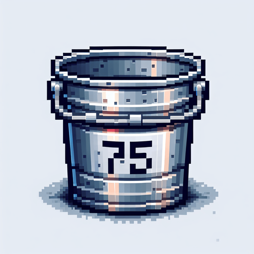 silver bucket with 75 text on it
. front view. Single Game Texture. In-Game asset. 2d. Blank background. High contrast. No shadows. pixel. 8 bit