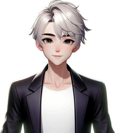 3d pixar/disney style. Design a friendly, confident, and approachable mentor character for a self-discovery game. The character has short, neatly styled silver-white hair, a warm smile, and kind, expressive eyes. They wear a sleek black blazer over a white T-shirt, symbolizing professionalism mixed with approachability. The character exudes wisdom, positivity, and calmness, acting as a guide for the player. Their presence is meant to inspire trust and provide encouragement, appearing as a glowing, slightly ethereal figure in the game world. They move gracefully and radiate an aura of gentle strength, guiding the hero on their journey of self-discovery and growth..
In-Game asset. 3d. Blank background. High contrast. No shadows.