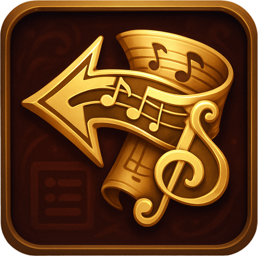 Design a button icon for "Back to Menu" in a fantasy tower defense game set in a haunted, musical concert hall.

The button should feature a stylized arrow pointing left, wrapped in or formed by musical elements such as a ribbon of notes, a bass clef, or a scroll with a staff line.

The background should be elegant and soft: deep velvet red or dark wood with subtle glow.
Optional: add a small menu symbol (like sliders or a parchment icon) subtly integrated behind or beneath the arrow.

Keep the icon square (256×256 px), readable at small sizes, and without text.
Style should match the UI of the game—refined, fantasy-themed, and orchestral in tone..
In-Game asset.  2d.  High contrast.  No shadows