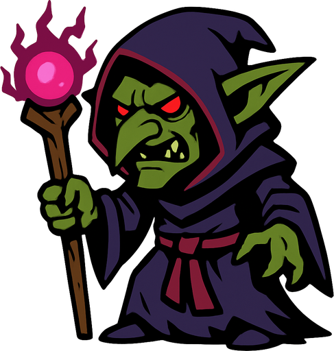 karanlık büyücü goblin.
In-Game asset.  2d.  High contrast.  No shadows