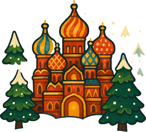 A snowy cartoon scene with colorful onion domes (like Saint Basil’s Cathedral), pine trees, and a festive winter vibe. Use a folk style with warm lighting. Perfect for a balalaika music level..
In-Game asset.  2d.  High contrast.  No shadows