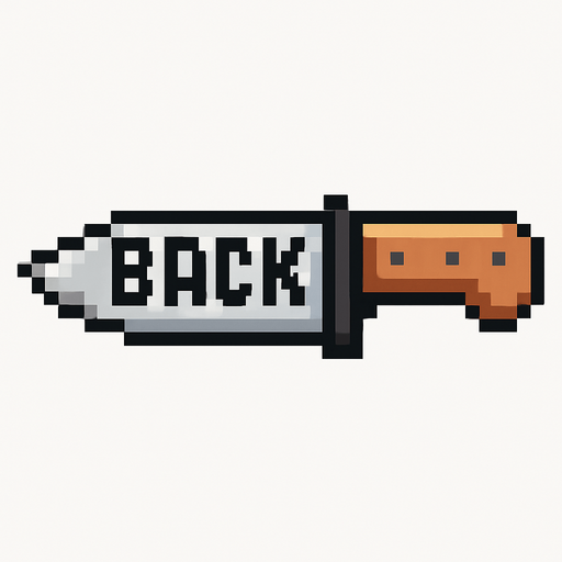un cuchillo hecho con pixeles que tenga escrito back.
In-Game asset.  2d.  High contrast.  No shadows