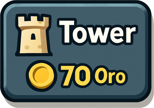 Crea un botón interactivo UI estilo 2D renderizado, limpio y cartoonish. Debe tener contornos definidos, colores vibrantes y sombreado que dé volumen. Será un rectángulo con esquinas ligeramente redondeadas. El fondo del botón será sólido y neutro (ej. gris claro, azul pizarra, metal pulido o piedra sutil). Debe contrastar con el "tablón" de madera pero integrarse bien al estilo general de la UI.

El botón debe contener:

Texto Principal: La palabra "Tower" (Torre) claramente visible en la parte superior central.

Icono Secundario (Opcional): Una silueta o dibujo estilizado y simple de una torre genérica, ubicada a la izquierda del texto "Tower" (o a la derecha, si el diseño lo favorece).

Precio: El texto "70 Oro" (o símbolo de oro y "70") claramente visible en la parte inferior central (o en una esquina inferior). Este precio debe ser una parte integral del diseño del botón (mismo asset).

Los colores de texto/icono deben contrastar claramente con el fondo (ej. blanco, dorado). El bo.
In-Game asset.  2d.  High contrast.  No shadows