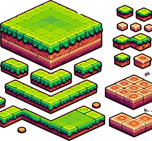 Create a 2D spritesheet featuring a side-view platform in a chibi-inspired style, perfect for a minimal, playful game. The spritesheet includes modular tiles for building platforms of various sizes, with a cohesive, cute aesthetic:

Grass Top Tiles: Vibrant green, flat grassy tops with smooth, rounded edges. Includes variations such as:

Left corner tile with a rounded edge.
Center tile with seamless edges to connect multiple pieces.
Right corner tile with a rounded edge.
Ground Tiles: Warm brown earthy layers with clean, exaggerated horizontal lines and minimal details like tiny embedded stones or subtle root patterns. Variations include:

Straight center ground tiles.
Left and right corner ground tiles.
The tiles are designed to be modular, allowing seamless connections when placed together. Bold, colorful, and minimal, the spritesheet ensures an adorable chibi-style look that matches the playful tone of games like Angry Birds..
Single Game Texture. In-Game asset. 2d. Blank background. High contrast. No shadows.