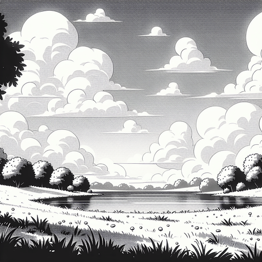 ghibli anime 2d style. meadow at lake. sky full of small with cloud.
Single Game Texture.  In-Game asset.  2d.  Blank background.  High contrast.  No shadows