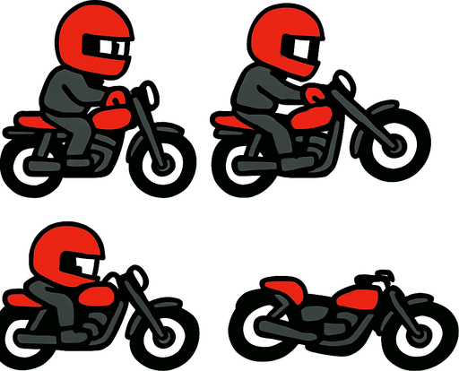 Create a simple 2D animation of an enemy motorcycle falling sideways to the ground.  
The animation should have 5 frames showing the bike tilting and then lying flat.  
Use a cartoonish style matching a simple 2D game..
In-Game asset.  2d.  High contrast.  No shadows