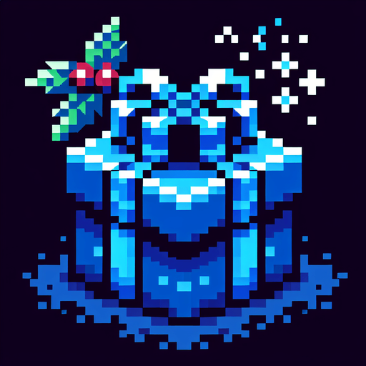 pixel art of a blue christmas present. Single Game Texture. In-Game asset. 2d. Blank background. High contrast. No shadows.