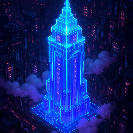 Massive futuristic neon hologram skyscraper top down isometric poking out of clouds from above elaborate cyberpunk architecture