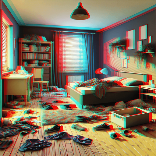 dağınık bir yatak odası, odanın içinden görünüm 3d renkli