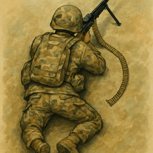 Army soldier laying with machine gun, top view from back