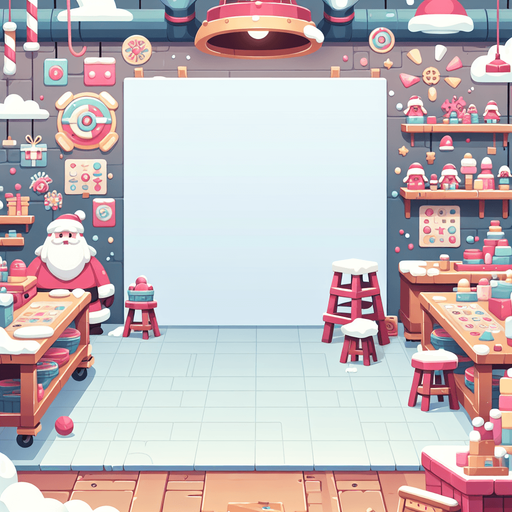 Background for hyper casual puzzle game. Showing Santas workshop. Pastel colors, flat shaded, vector art. Single Game Texture. In-Game asset. 2d. Blank background. High contrast. No shadows.