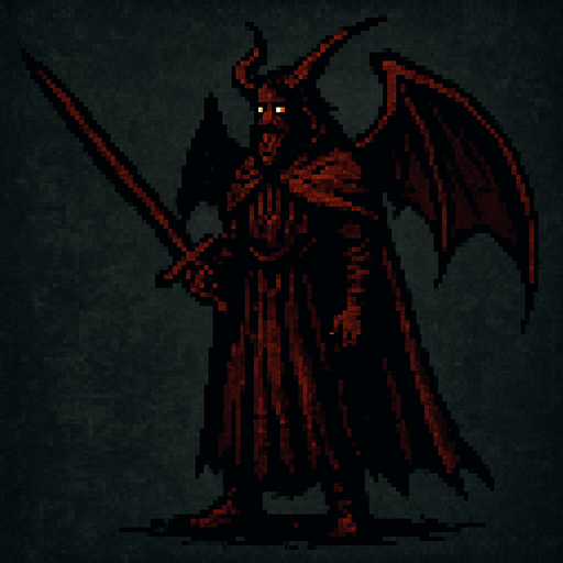 Lucifer character dark souls style 2d pixel art.
In-Game asset.  2d.  High contrast.  No shadows