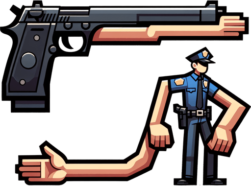 Police has a long hand.
Single Game Texture. In-Game asset. 2d. Blank background. High contrast. No shadows.