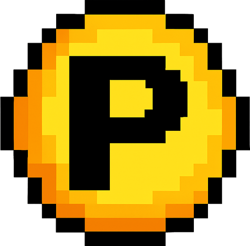 Esfera amarilla con la letra P , pixelart.
In-Game asset.  2d.  High contrast.  No shadows