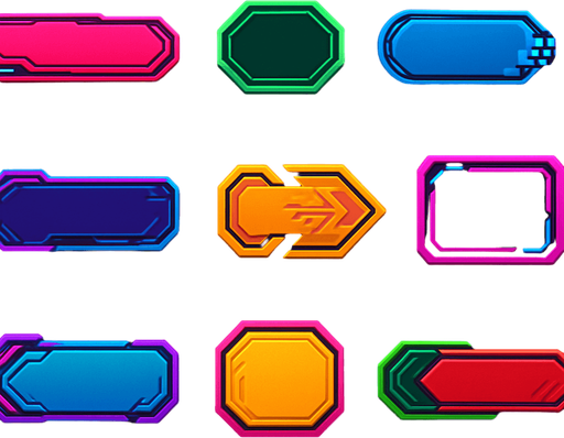 Buttons assets. cyberpunk. abstract. futuer. different colors. HD colors.
In-Game asset.  2d.  High contrast.  No shadows