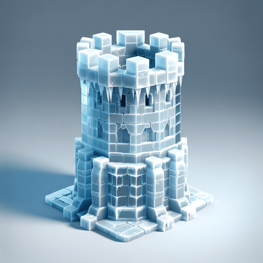 A turret tower built of ice blocks. Front view perspective. Single Game Texture. In-Game asset. 2d. Blank background. High contrast. No shadows.