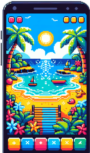 pixelart cartoon beach background for a mobile screen..
Single Game Texture. In-Game asset. 2d. Blank background. High contrast. No shadows.