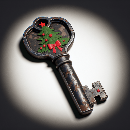 a simple dirty, dark and eerie Christmas bathroom key.
Single Game Texture. In-Game asset. 2d. Blank background. High contrast. No shadows.