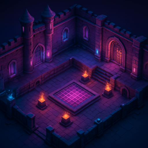 Top down isometric neon cyberpunk castle courtyard dungeon background large