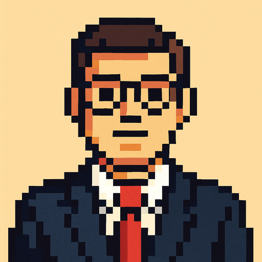 Hombre ejecutivo mirando a la cámara pixel art.
In-Game asset.  2d.  High contrast.  No shadows