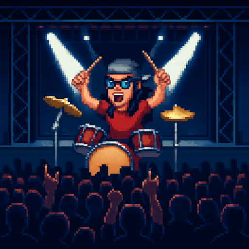 Add pixel cool crazy drummer, with glasses and gray bandana, red tshirt, long black hair, playing drums